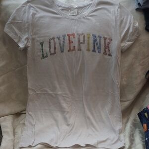 PINK Victoria's Secret White Tee with Colorful LOVE PINK Graphic